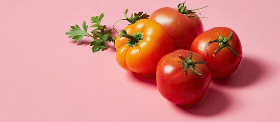Poster - Vibrant ripe tomatoes and a yellow bell pepper with fresh green leaves arranged on a soft pink background creating a bright copy space
