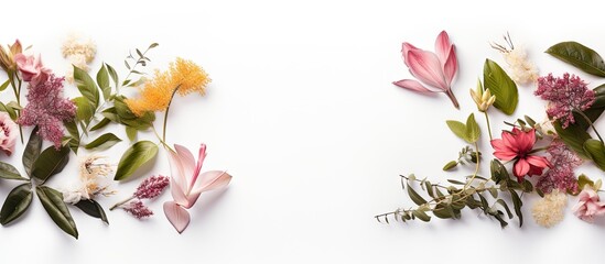 Aufkleber - Flat lay composition of colorful flowers and green leaves on a white background with ample negative space for text or creative designs on both sides