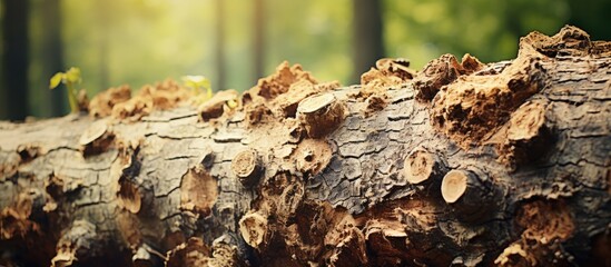 Fototapete - Textured tree trunk with large knots in soft forest light, green blurred background, horizontal composition showcasing natural wood details.