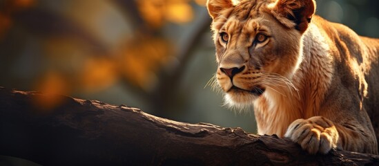 Fototapete - Lioness rests on a branch with a blurred bokeh background featuring warm autumn colors and soft light, highlighting her golden fur and focused expression.