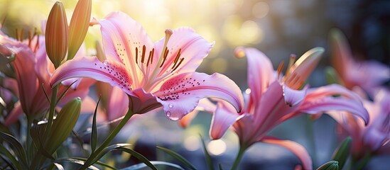 Aufkleber - Delicate pink lilies bloom gracefully in a sunlit garden, showcasing vibrant petals and lush green foliage, evoking nature's serene beauty.