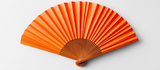 Poster - Vibrant orange paper fan spread out gracefully on a clean white background highlighting intricate folds and smooth texture, perfect for design use.