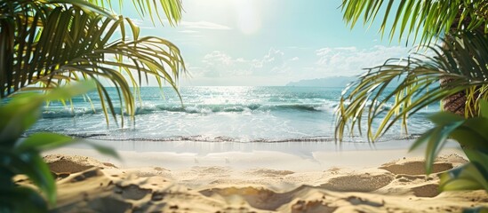 Aufkleber - Tropical beach scene with golden sand foreground and vibrant green palm leaves framing a calm turquoise ocean under a bright summer sky.