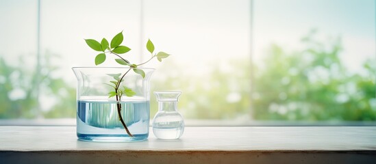 Poster - Clear glass beaker with water and plant cutting on a wooden table with a soft natural light background creating a serene laboratory atmosphere