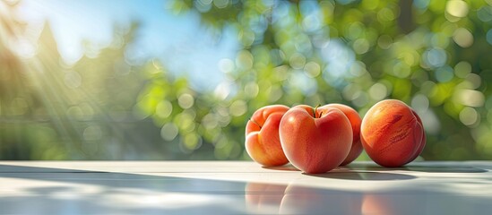 Aufkleber - Fresh ripe apricots in soft focus against a blurred green background with sunlight creating a warm, inviting atmosphere in a tranquil setting.