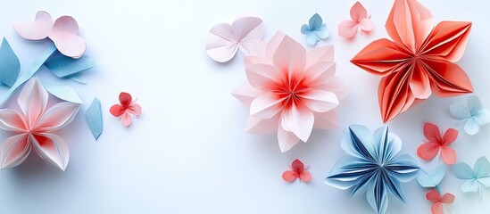 Poster - Colorful origami flowers in shades of pink red and blue arranged artistically on a light blue background with small folded butterflies adorning the scene