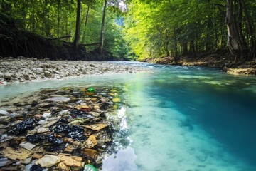 Wall Mural - comparison of polluted river filled with trash versus pristine stream with crystal clear water highl