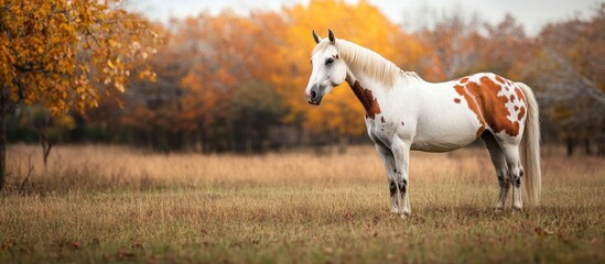 Leinwandbilder - Paint horse standing proudly in tall golden grass surrounded by vibrant autumn foliage in the background highlighting warm orange and yellow hues.
