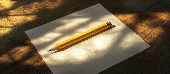 Fototapete - A yellow pencil lies diagonally on a blank white sheet of paper, illuminated by soft natural light casting delicate shadows on the surface.