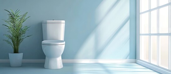 Aufkleber - Bright blue bathroom interior featuring a white toilet beside a green potted plant with natural light streaming through large windows.