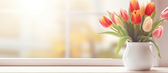 Aufkleber - Bright and airy image of a white vase on a sunlit windowsill featuring a vibrant bouquet of multicolored tulips against a soft bokeh background
