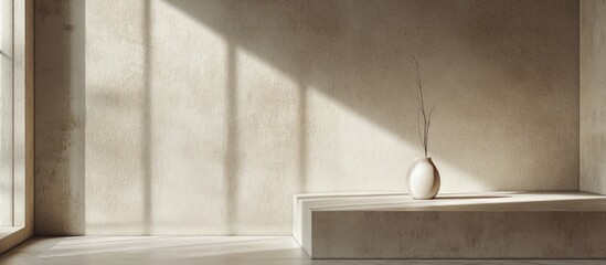 Fototapete - Minimalist interior with neutral tones featuring a white vase on a light concrete pedestal, soft shadows from angled natural light illuminating the space.