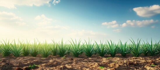 Poster - Panoramic view of lush green onion field under bright sky with fluffy clouds and sunlit soil foreground in arid Middle Eastern landscape