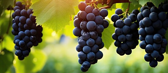 Fototapete - Close-up of large black grapes hanging in clusters against a soft green leafy background with warm sunlight illuminating the scene.