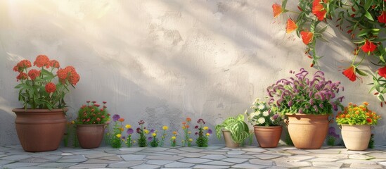 Poster - Potted flower plants in terracotta and ceramic pots arranged on a stone path against a textured wall creating a vibrant outdoor scenery with empty space