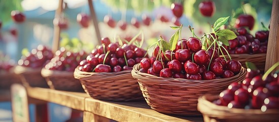Poster - Fresh ripe cherries in wooden baskets arranged on a rustic table under soft sunlight with blurred green background creating a vibrant market scene.