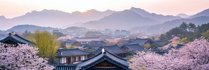 Poster - Cherry blossoms bloom in vibrant landscape with traditional architecture under soft morning light. Generative AI