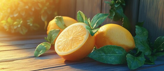 Poster - Freshly cut lemons with vibrant yellow hues resting on wooden surface surrounded by green leaves, bathed in soft sunlight, ideal for nature themes.