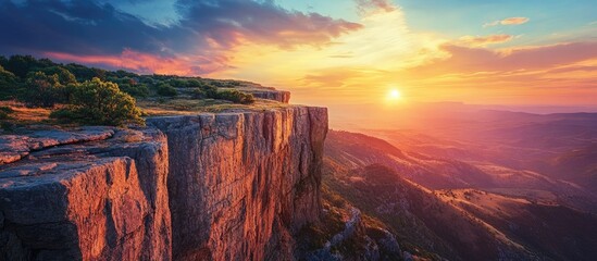 Poster - Sunset over a rugged cliff landscape with vibrant orange and purple hues, green foliage on the edge, and a panoramic view of rolling hills below.