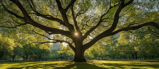 Aufkleber - Majestic expansive tree with intricate branches silhouetted against bright sunlight in a lush green park setting with soft backgrounds and vibrant foliage.