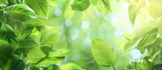 Aufkleber - Fresh vibrant green leaves with a soft blurred background of sunlight and bokeh effects creating a serene nature ambiance and ample copy space.