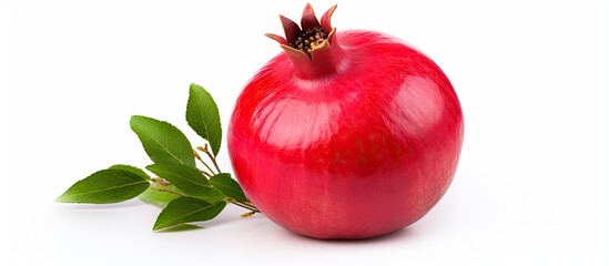 Aufkleber - Fresh ripe red pomegranate with lush green leaves on a white background highlighting its smooth skin and vibrant colors positioned to the left