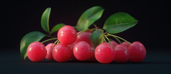Poster - Vibrant pink cherries clustered with green leaves on a dark background showcasing a fresh and sweet berry fruit variety.