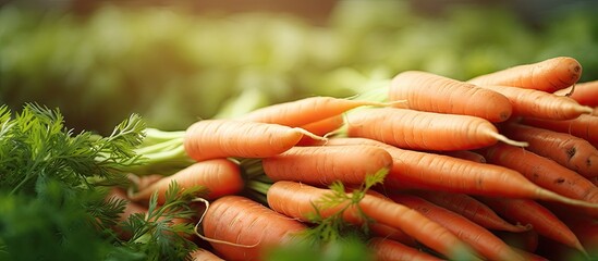Poster - Vibrant orange carrots with fresh green tops piled together showcasing a farmer's market stall illuminated by soft natural light