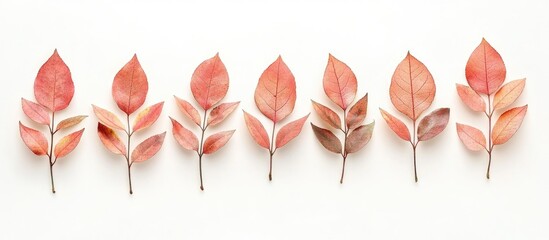 Poster - Arrangement of delicate pink and orange autumn leaves lined horizontally against a clean white background highlighting seasonal beauty and warmth.