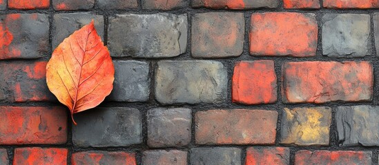 Leinwandbilder - Autumn leaf resting on wet red and gray brick pavement showcasing vibrant orange hues against a contrasting urban background.