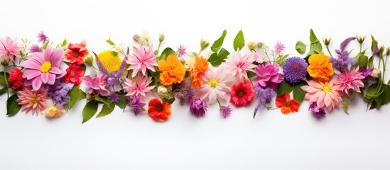 Fototapete - Vibrant floral arrangement of assorted pink, purple, orange, and yellow flowers with green leaves on a clean white background providing ample copy space