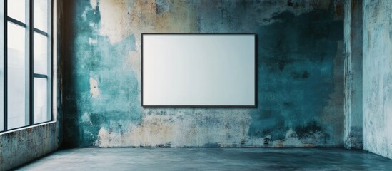 Poster - Modern poster frame mockup in a grunge-style room featuring a blank white frame centrally positioned against a teal and gray textured wall.