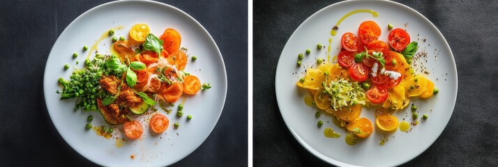 Poster - Colorful gourmet dishes featuring fresh vegetables and herbs served on elegant plates for a delightful dining experience. Generative AI