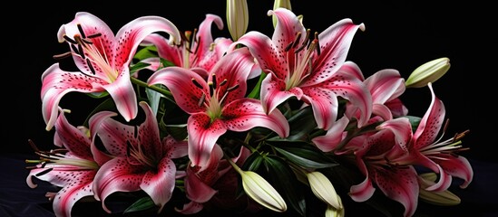 Aufkleber - Vibrant pink and white Oriental Trumpet lilies arranged elegantly against a dramatic black background showcasing their intricate petals and texture.