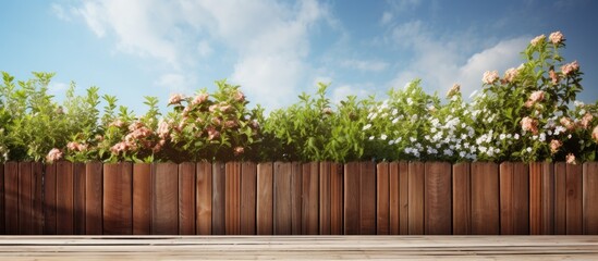 Aufkleber - Wooden fence under a bright blue sky adorned with green foliage and blooming flowers creates a serene copy space for natural themes.