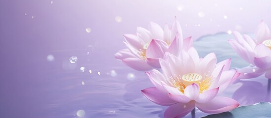 Aufkleber - Delicate pink and light purple lotus flowers floating on calm water with soft sparkles against a serene purple background.