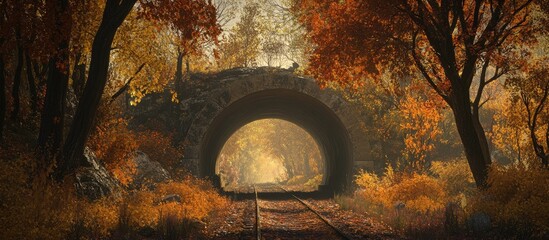 Fototapete - Autumn tunnel scene featuring a railway arch framed by vibrant orange and yellow foliage, casting soft light through the archway.