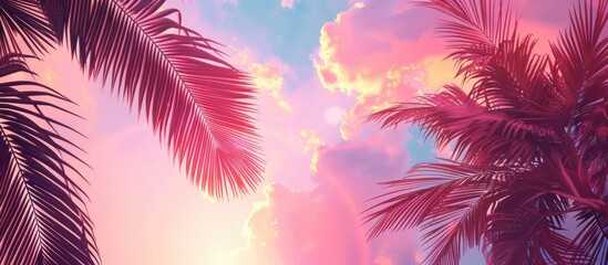 Poster - Vibrant pink evening sky with pastel clouds and lush palm leaves framing the bottom corners creating serene tropical ambiance and ample copy space