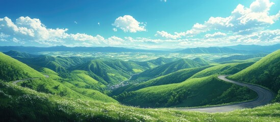 Poster - Scenic view of undulating green hills under a bright blue sky with fluffy clouds, featuring a winding road in the foreground and lush valleys beyond.