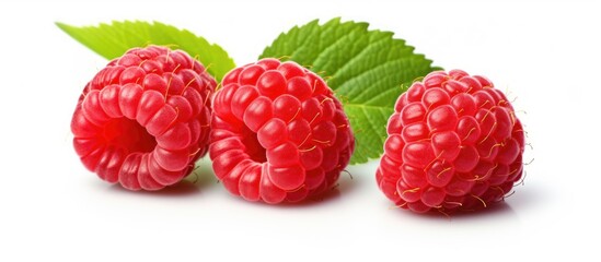 Poster - Fresh raspberries clustered in vibrant red hues on a pristine white background, accompanied by green leaves on the left for added contrast.