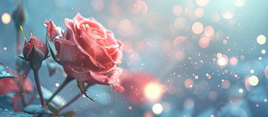 Aufkleber - Delicate pink rose in soft focus against a dreamy blue background with bokeh highlights perfect for invitations and social media graphics