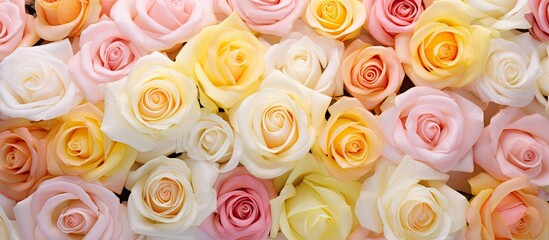 Aufkleber - Multicolored rose flowers in soft shades of pink, white, and yellow arranged closely, featuring a gentle gradient and blooming petals throughout.