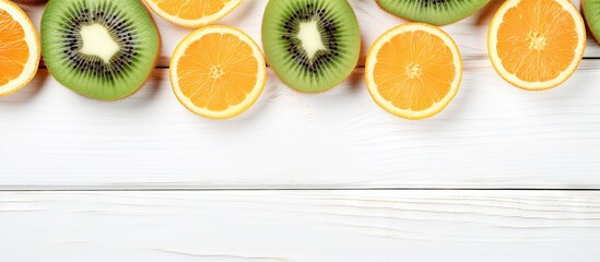 Poster - Fresh kiwi and orange slices arranged on a white wooden background featuring vibrant green and orange colors with a flat lay perspective.