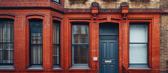 Poster - Modernized red clinker facade with original details, two large windows on each side, and a central gray door, set against a cream wall background.
