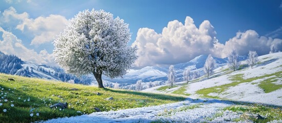 Aufkleber - Vibrant transition from winter to summer showcasing a lush green meadow with a solitary snow-covered tree under a bright blue sky with fluffy clouds