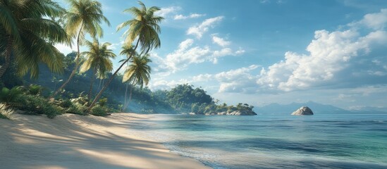 Aufkleber - Tropical beach scene with lush green palm trees on sandy shore under bright blue sky and soft white clouds reflecting on calm turquoise waters