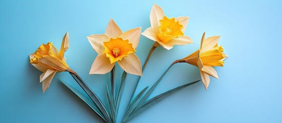 Poster - Four delicate origami daffodils with vibrant yellow centers arranged on a soft blue background, showcasing intricate paper folds and greenery.