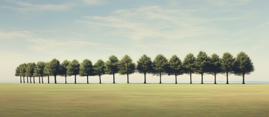 Aufkleber - Serene landscape featuring a symmetrical line of lush green trees against a soft blue sky with wispy clouds above a golden grassy field.