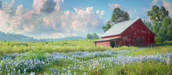 Aufkleber - Scenic rural summer landscape featuring columbine flowers in blue hues with a vibrant red barn set against lush green fields and blue sky