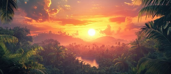 Fototapete - Vibrant sunset casts warm orange and pink hues over lush green tropical forest with silhouettes of mountains in the distance creating a serene landscape